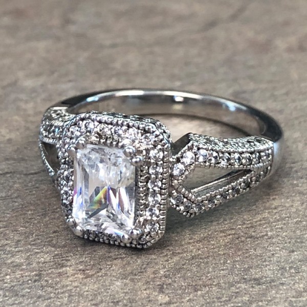14K White Gold Split Shank Emerald Cut Engagement Ring